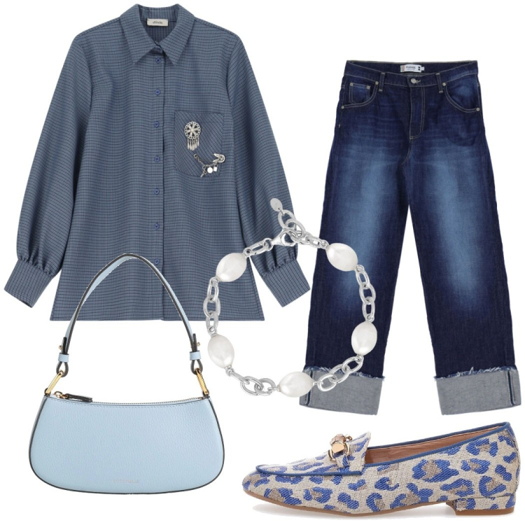Outfit donna - In ufficio. Stile Urban per Tutti i giorni. Abbinamento con borse a mano, braccialetti, jeans, camicie, mocassini.