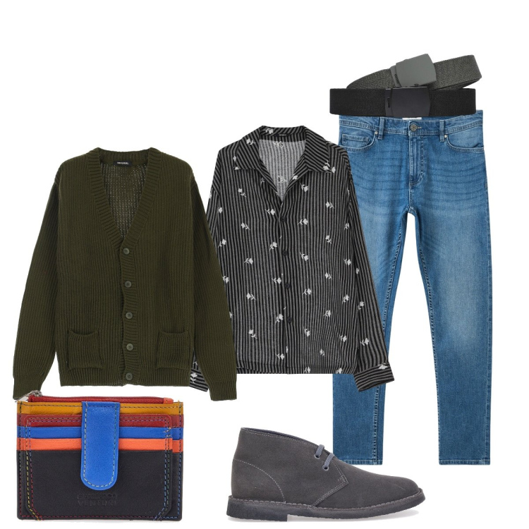 Outfit uomo - Il porta tessere coloratissimo. Stile Trendy per Ufficio. Abbinamento con jeans skinny, cinture, cardigans, camicie, portafogli, scarpe stringate.