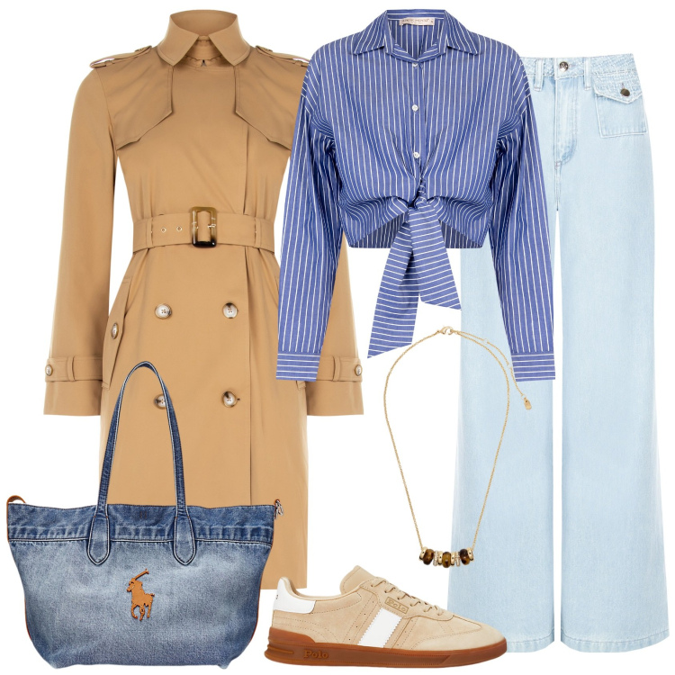 Outfit donna - OUTFIT Rinascimento SS25. Stile Casual chic per Tutti i giorni. Abbinamento con trench, camicie, jeans dritti, collane, borse tote, sneakers.