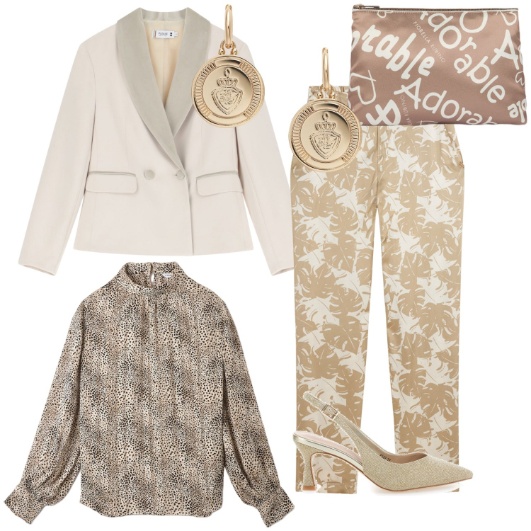 Outfit donna - Invitata in pantaloni. Stile Glamour per Cerimonia. Abbinamento con bluse, blazer, pantaloni, orecchini, décolleté, pochette.