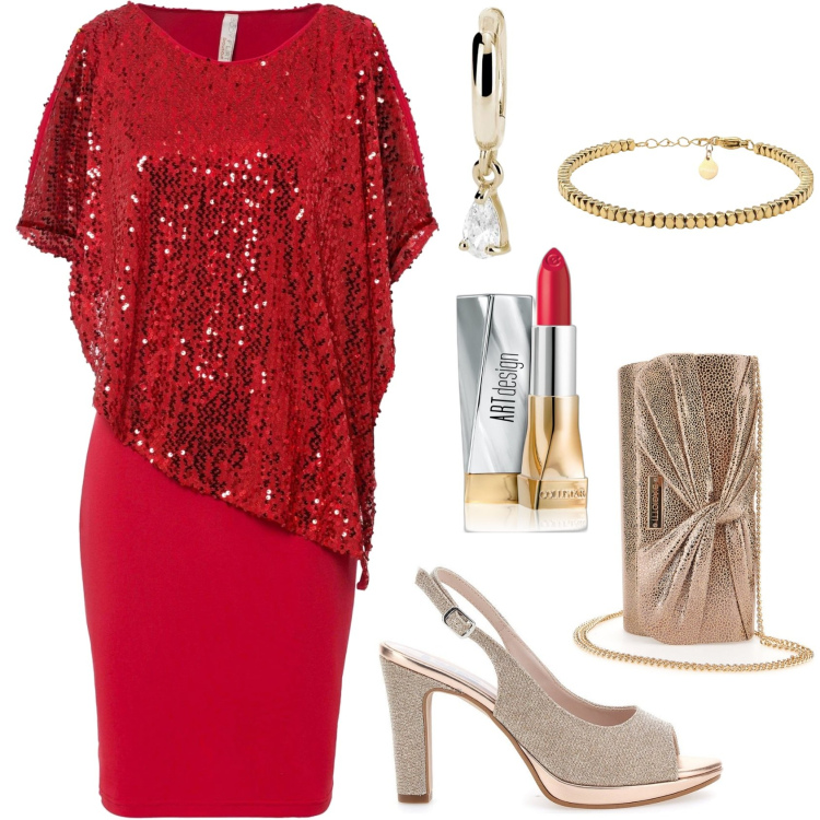 Outfit donna - Rosso e paillettes. Stile Chic per Cerimonia. Abbinamento con vestiti, rossetti, orecchini, braccialetti, décolleté, pochette.