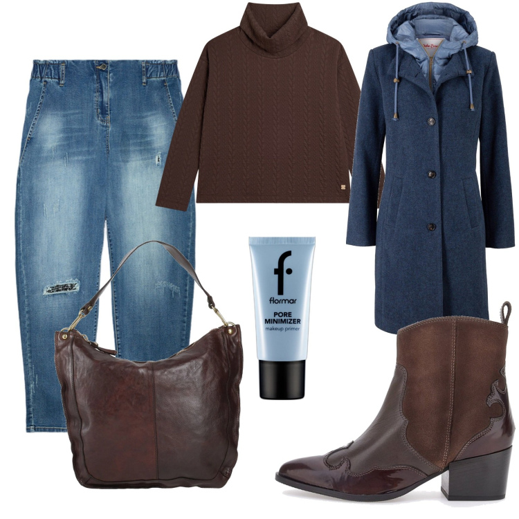 Outfit donna - Total look #2059618. Stile Trendy per Scuola/Università. Abbinamento con cappotti, borse a spalla, primer, maglieria, jeans dritti, stivaletti texani.