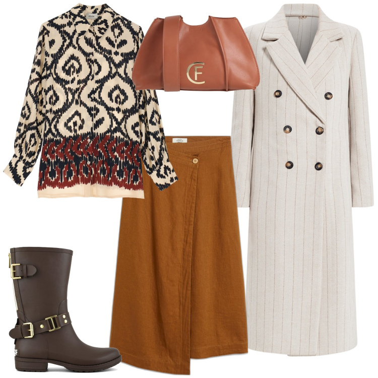 Outfit donna - City. Stile Urban per Tutti i giorni. Abbinamento con gonne, borse a tracolla, cappotti, camicie, stivali.