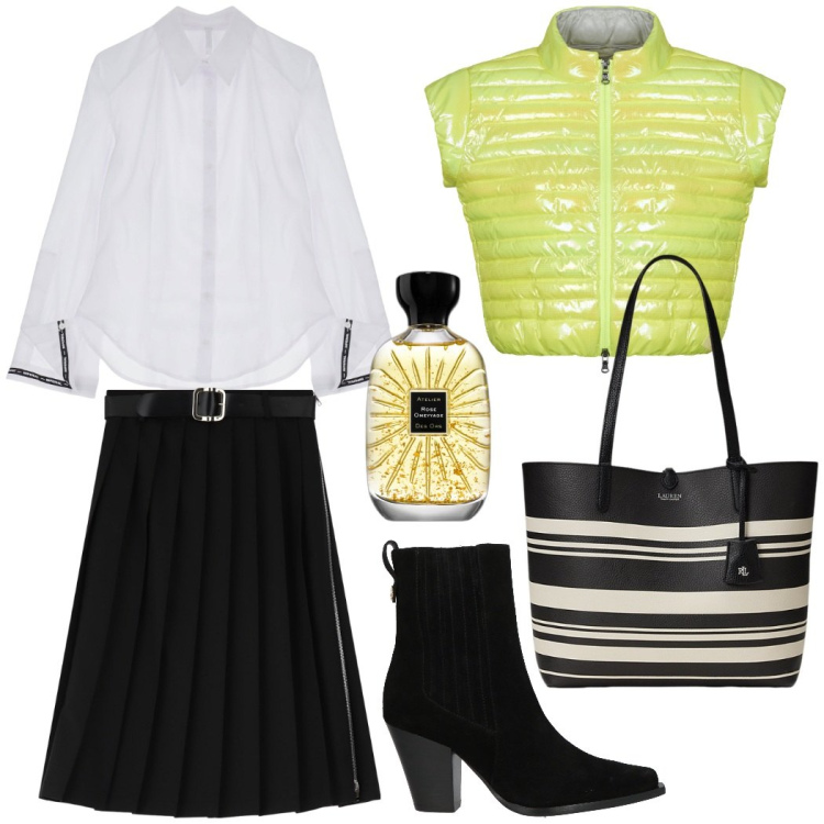 Outfit donna - Giochi di righe. Stile Glamour per Tutti i giorni. Abbinamento con stivaletti chelsea, profumi, gonne longuette, camicie, blazer, borse tote.