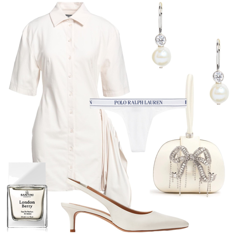 Outfit donna - Una sposa in minigonna. Stile Chic per Cerimonia. Abbinamento con vestiti corti, profumi, décolleté, perizomi, orecchini, pochette.
