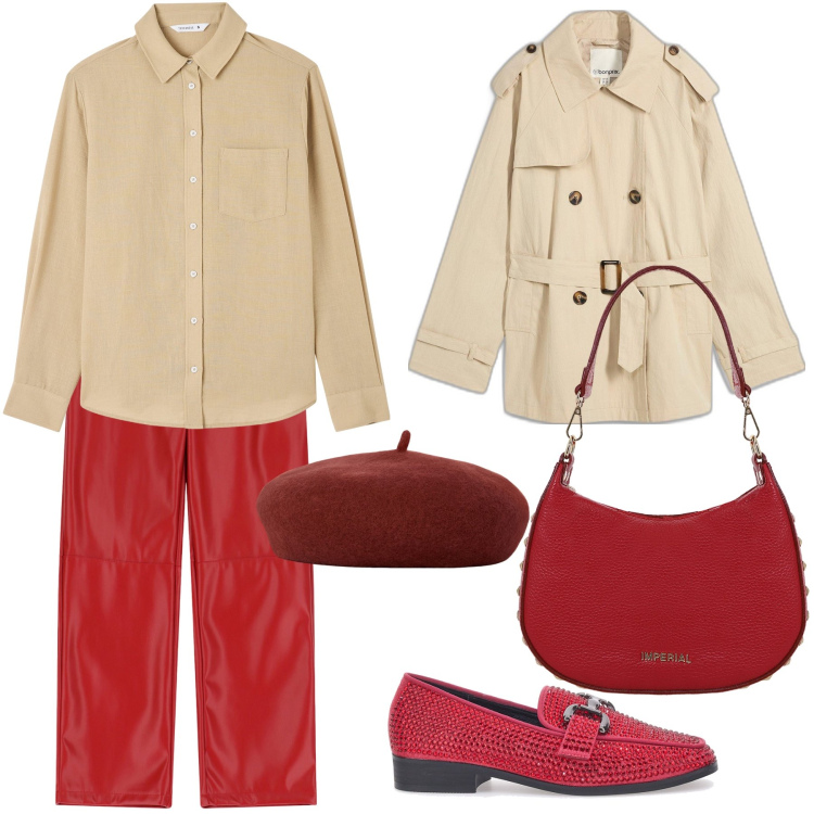Outfit donna - Pioggia a Parigi. Stile Trendy per Tutti i giorni. Abbinamento con trench, camicie, pantaloni, borse a spalla, cappelli e berretti, mocassini.