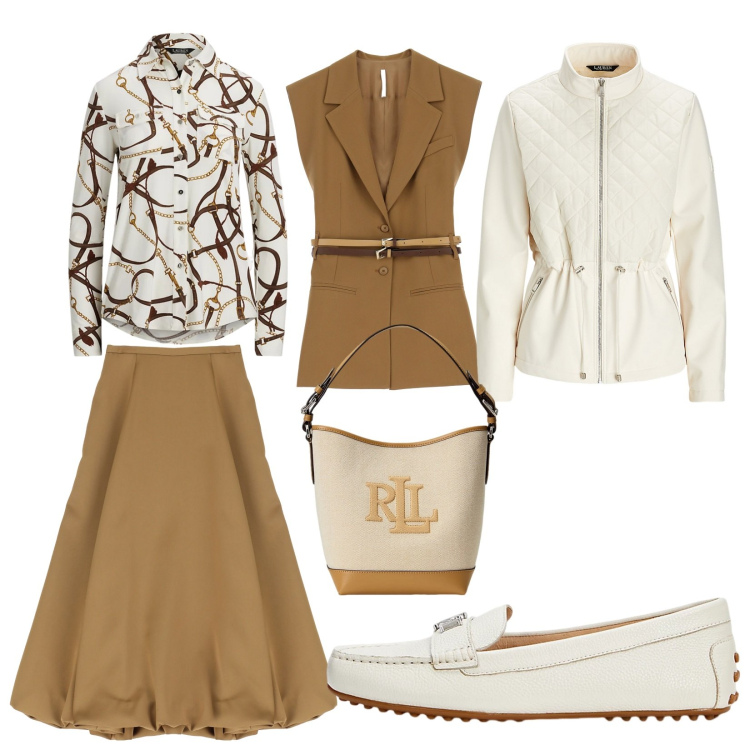 Outfit donna - Total look #2059626. Stile Trendy per Ufficio. Abbinamento con gonne longuette, gilet, mocassini, camicie, giacche, borse a secchiello.