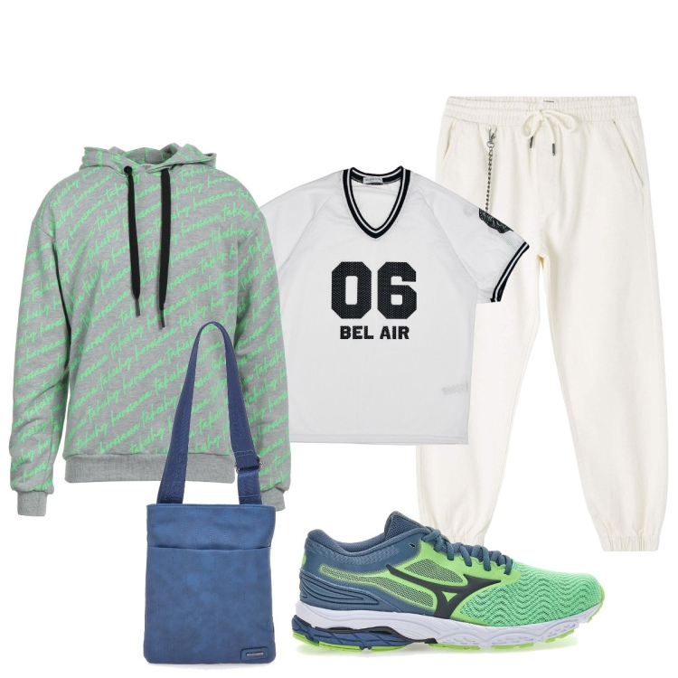 Outfit uomo - Total look #2059627. Stile Casual per Sport. Abbinamento con felpe con cappuccio, pantaloni sportivi, portafogli, sneakers, t-shirt sportive.