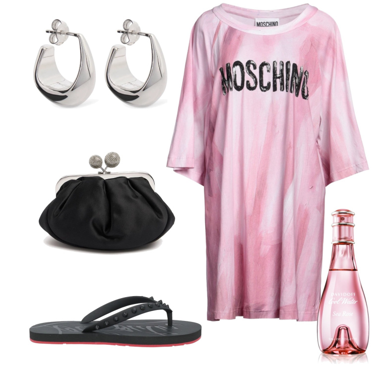 Outfit donna - Curatissima pure in casa. Stile Glamour per Tutti i giorni. Abbinamento con vestiti corti, infradito, profumi, orecchini, pochette.