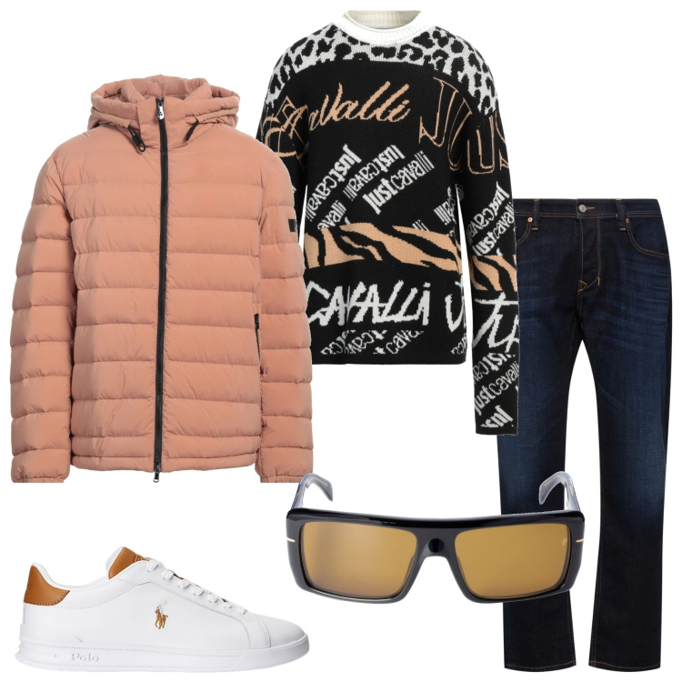 Outfit uomo - Casual style. Stile Casual per Serata speciale. Abbinamento con pullovers, piumini, sneakers, occhiali da sole, jeans dritti.