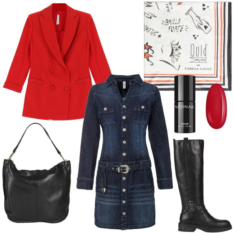 Outfit donna - Rosso e denim per l\'ufficio. Stile Casual chic per Ufficio. Abbinamento con vestiti, stivali, borse a spalla, smalti, blazer, foulard.