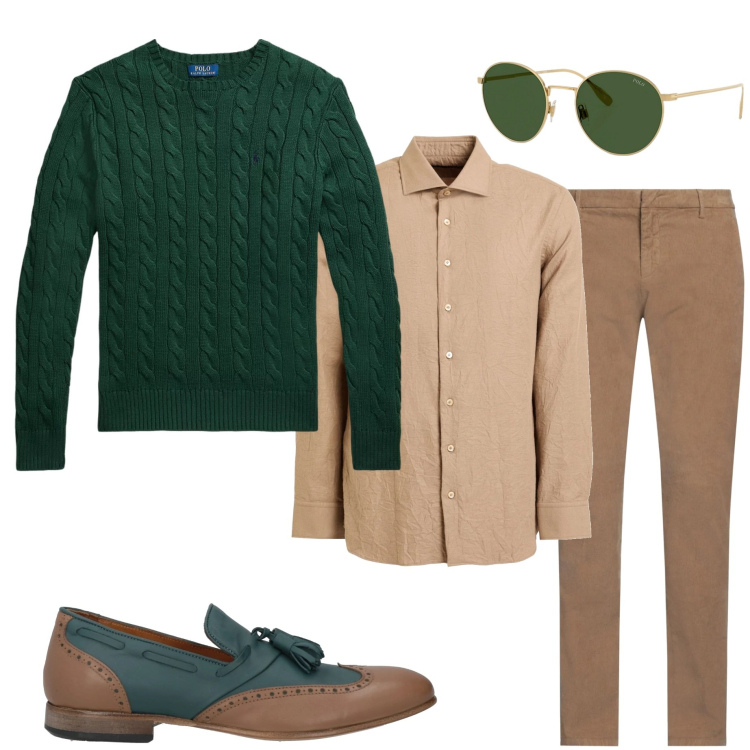 Outfit uomo - Abbinamento. Stile Trendy per Serata speciale. Abbinamento con camicie, pantaloni, scarpe stringate, maglieria, occhiali da sole.