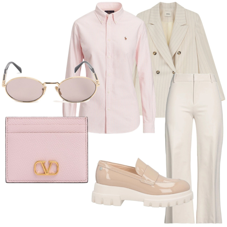 Outfit donna - Rosa in ufficio. Stile Mannish per Ufficio. Abbinamento con mocassini, pantaloni, blazer, camicie, portafogli, occhiali da sole.