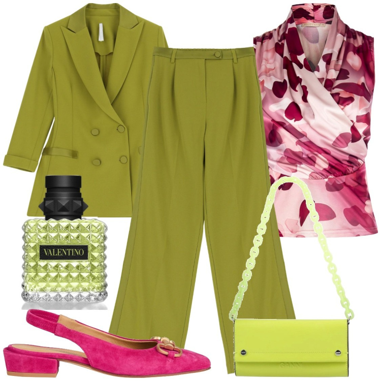 Outfit donna - stylist of myself. Stile Glamour per Serata fuori. Abbinamento con borse a mano, ballerine, profumi, top, pantaloni, blazer.