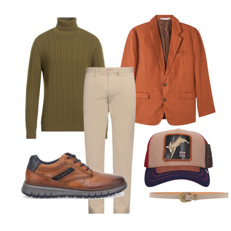 Outfit uomo - Maglione a collo alto. Stile Casual per Tutti i giorni. Abbinamento con pantaloni chino, maglieria, cinture, giacche, scarpe stringate, cappelli con visiera.