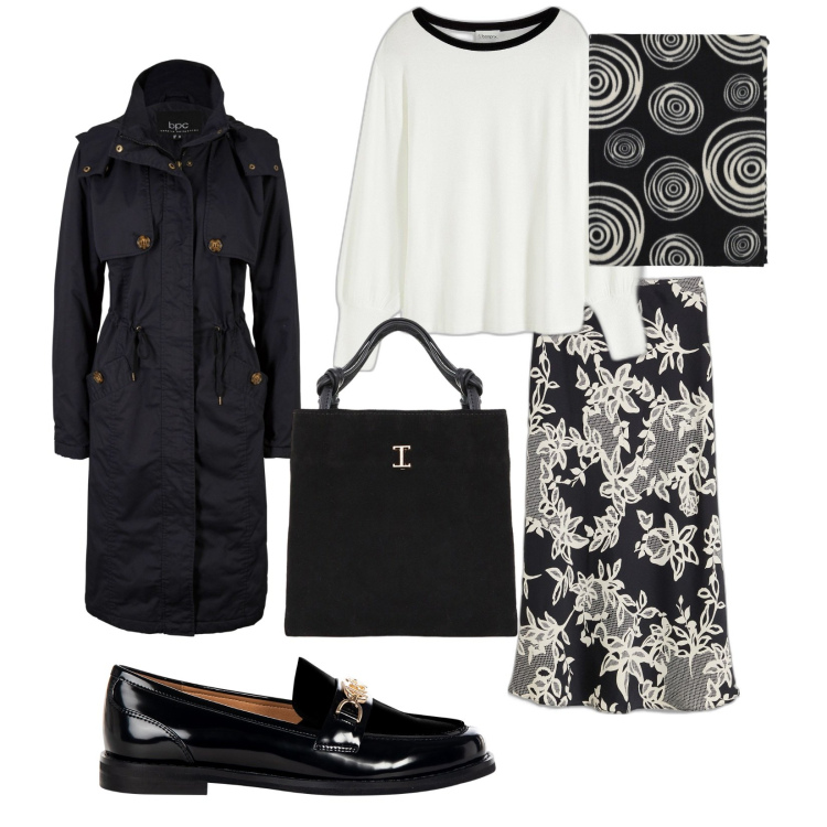 Outfit donna - Fantasie in bianco e nero. per Tutti i giorni. Abbinamento con trench, gonne, maglieria, shopping bag, foulard, mocassini.