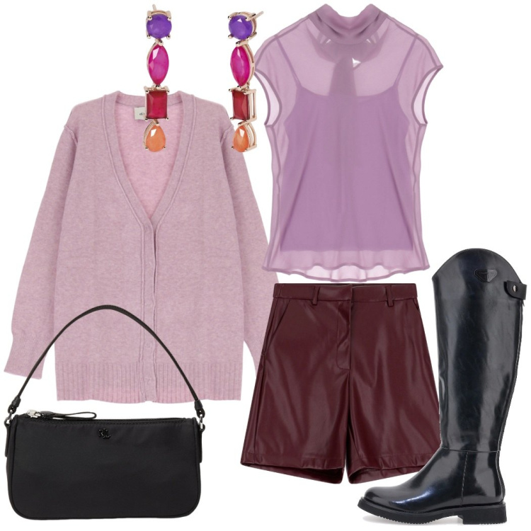 Outfit donna - Aperitivo in città. Stile Urban per Serata fuori. Abbinamento con orecchini, top, shorts, cardigans, pochette, stivali.