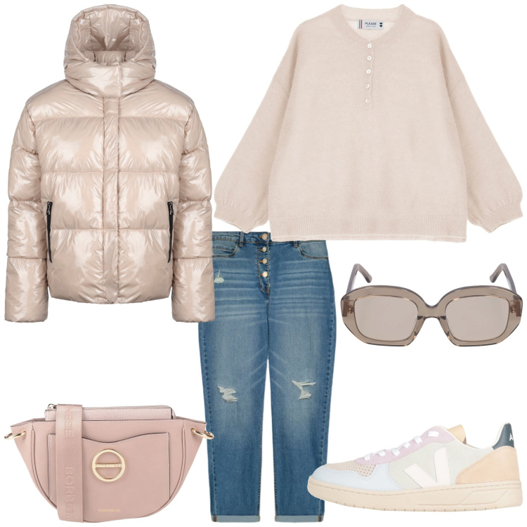 Outfit donna - Passeggiata. Stile Casual chic per Tutti i giorni. Abbinamento con sneakers, borse a tracolla, maglieria, blazer, jeans strappati, occhiali da sole.
