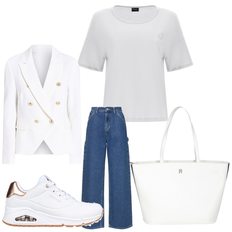 Outfit donna - Aspettando la primavera. Stile Sporty chic per Serata fuori. Abbinamento con borse a mano, blazer, t-shirt, sneakers, pantaloni.