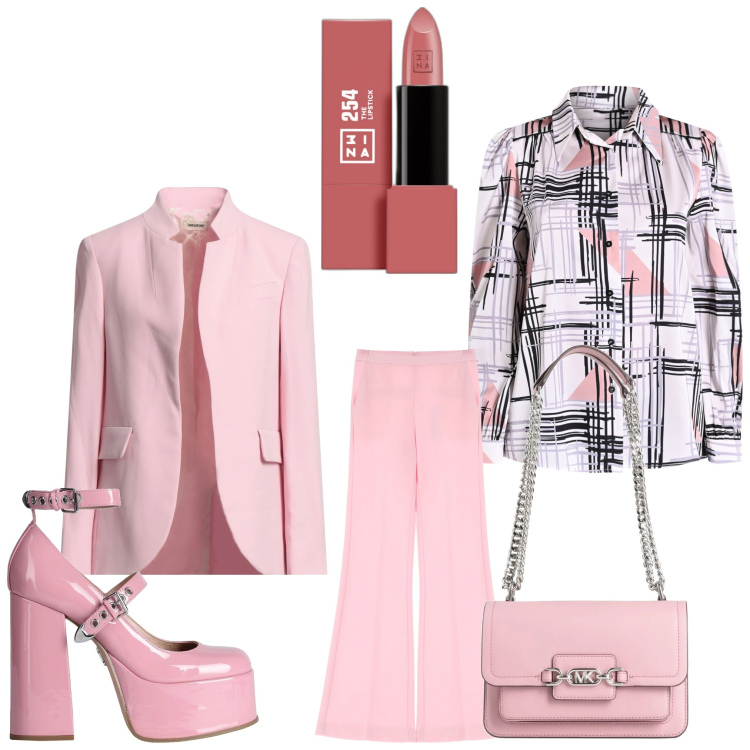 Outfit donna - Rosa "chicching". Stile Chic per Serata fuori. Abbinamento con borse a spalla, décolleté, blazer, rossetti, camicie, pantaloni.