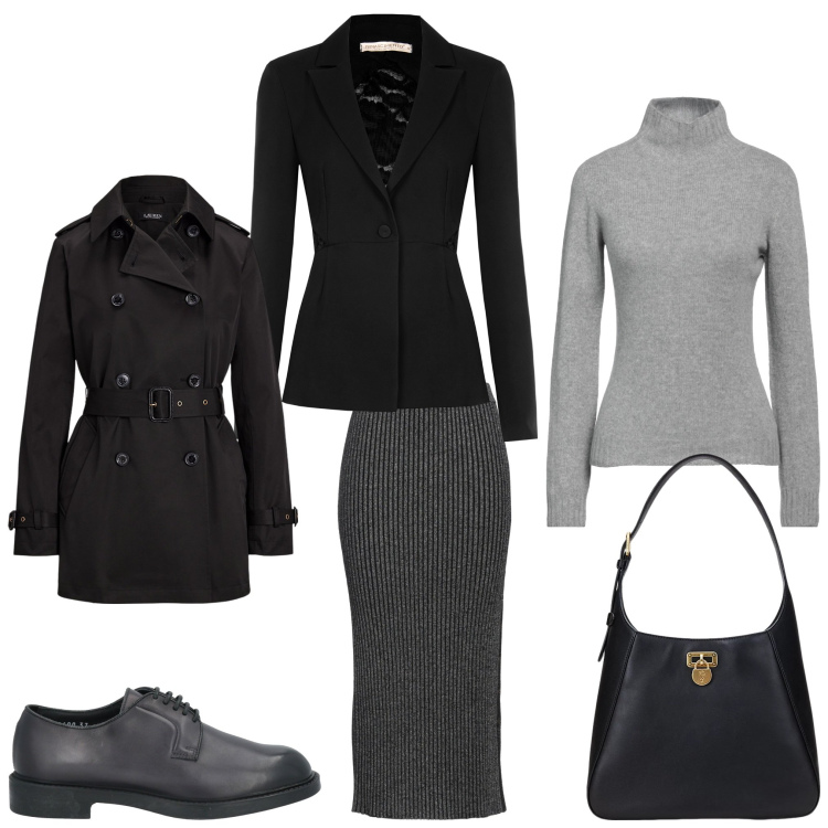 Outfit donna - Nero e grigio. Stile Casual chic per Ufficio. Abbinamento con scarpe stringate, gonne longuette, maglieria, blazer, trench, borse a spalla.