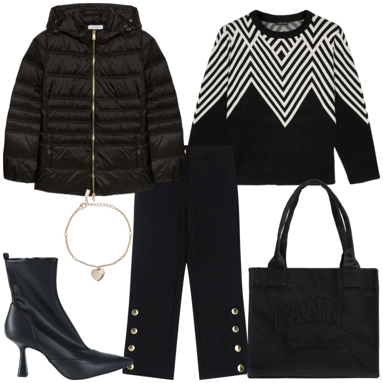Outfit donna - Office style. Stile Minimal per Tutti i giorni. Abbinamento con stivaletti, braccialetti con ciondoli, pantaloni, piumini, shopping bag, maglieria.