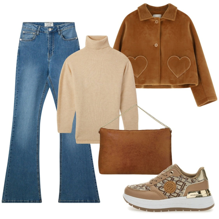 Outfit donna - Giacca Color caramello. Stile Casual per Tutti i giorni. Abbinamento con maglieria, jeans a zampa, pochette, blazer, sneakers.
