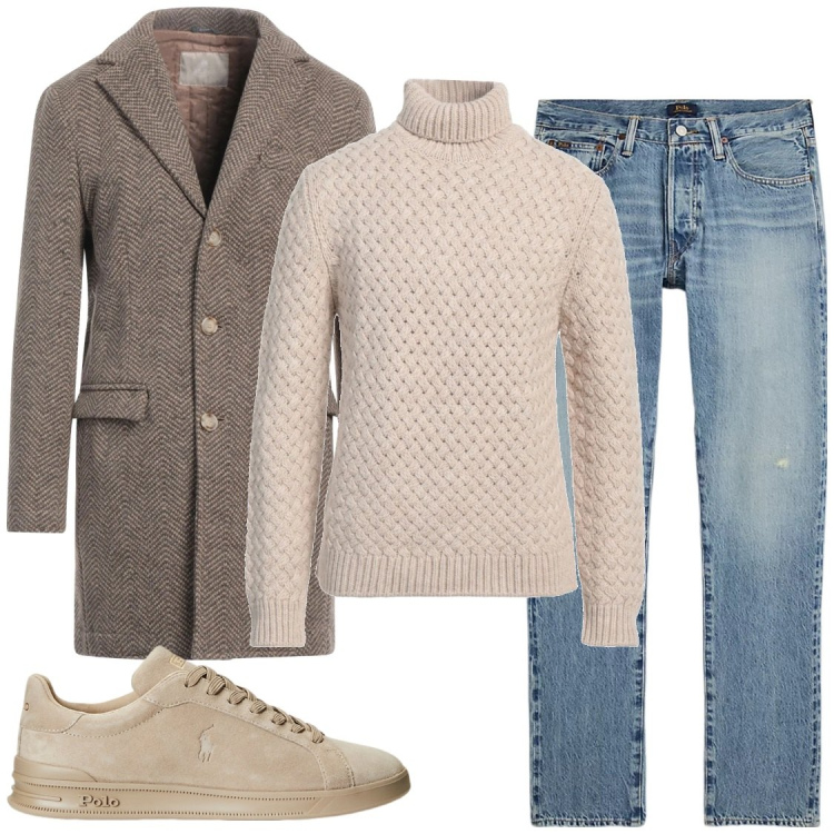 Outfit uomo - Collo alto , jeans e cappoto. Stile Trendy per Tutti i giorni. Abbinamento con cappotti, maglieria, sneakers, jeans.