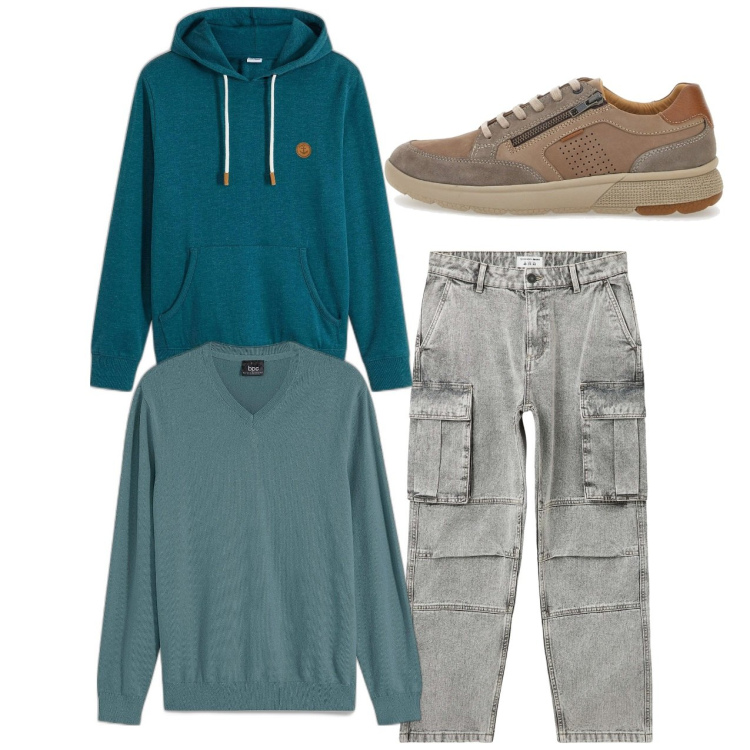Outfit uomo - Cargo. Stile Casual per Tutti i giorni. Abbinamento con maglieria, felpe con cappuccio, jeans, scarpe stringate.