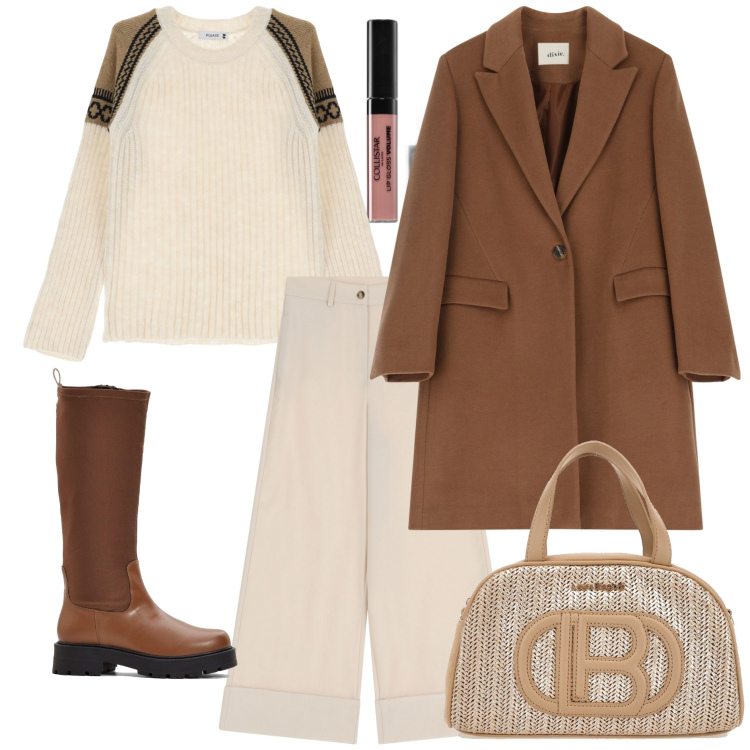 Outfit donna - Minimal per tutti i giorni. Stile Minimal per Tutti i giorni. Abbinamento con stivali, gloss, pullovers, pantaloni, cappotti, borse a spalla.