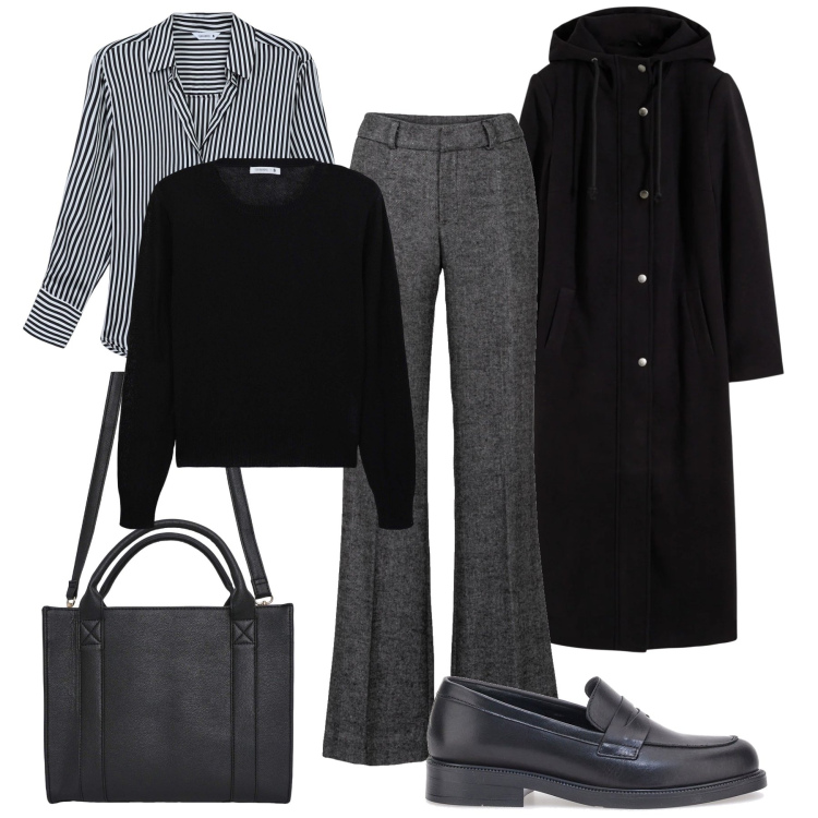 Outfit donna - È ancora tempo di cappotto. Stile Mannish per Tutti i giorni. Abbinamento con pantaloni a palazzo, cappotti, maglieria, camicie, borse tote, mocassini.