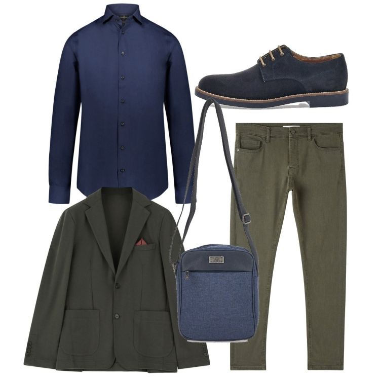Outfit uomo - Taglio blu. Stile Trendy per Serata speciale. Abbinamento con pantaloni skinny, giacche, camicie, scarpe stringate, portafogli.