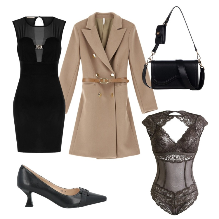 Outfit donna - Total look. Stile Bon Ton per Serata fuori. Abbinamento con body, décolleté, vestiti a tubino, pochette, cappotti.
