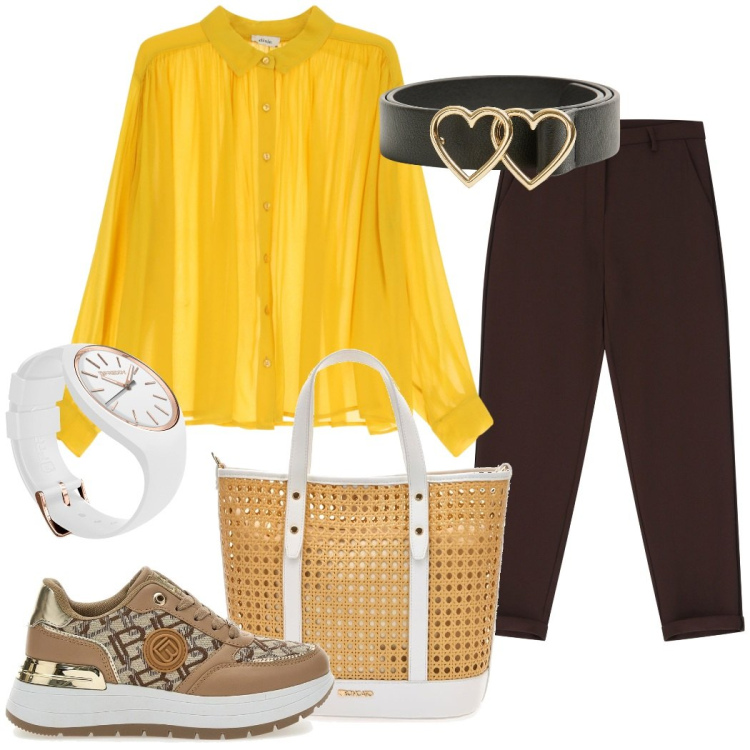 Outfit donna - Pomeriggio libero. Stile Casual chic per Tutti i giorni. Abbinamento con cinture, pantaloni, orologi, camicie, sneakers, borse a spalla.