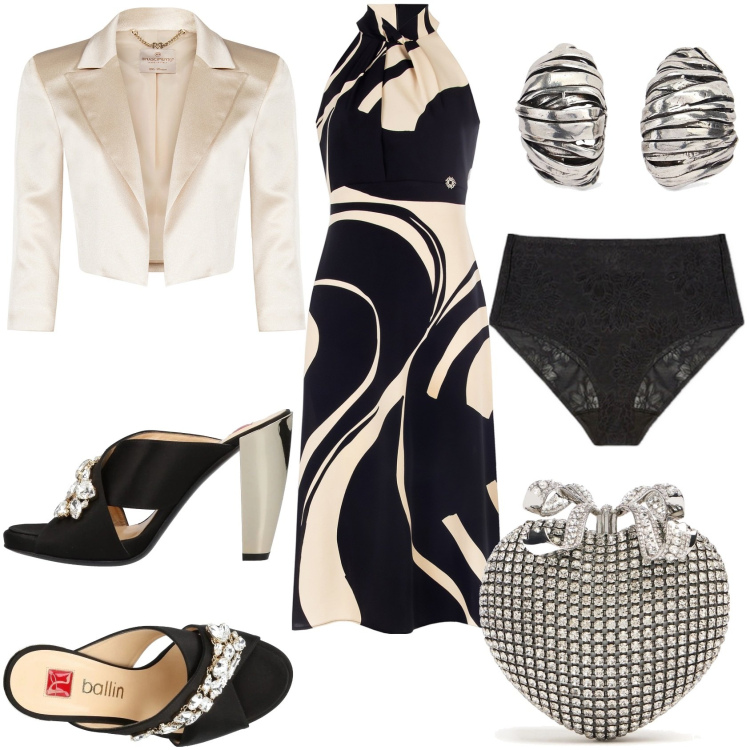 Outfit donna - Cerimonia. Stile Glamour per Cerimonia. Abbinamento con sandali in pelle, bolero, vestiti midi/longuette, culotte, pochette, orecchini.