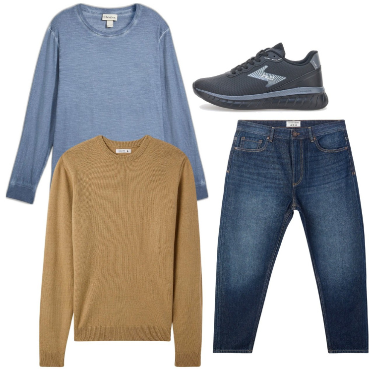 Outfit uomo - Beige e azzurro. Stile Casual per Tutti i giorni. Abbinamento con maglieria, jeans, maglieria, sneakers.