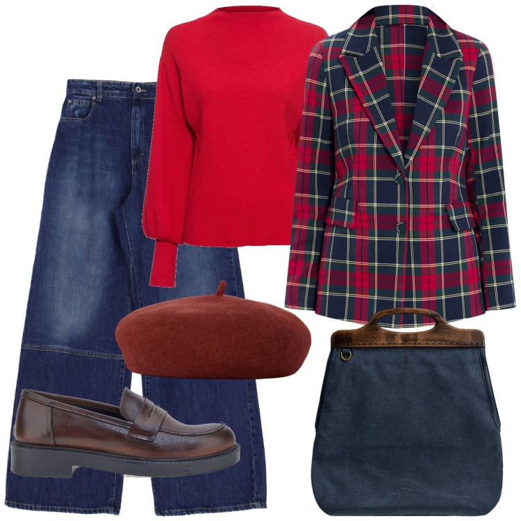 Outfit donna - Giacca scozzese rossa. Stile Casual per Tutti i giorni. Abbinamento con maglieria, blazer, jeans a zampa, cappelli e berretti, borse a tracolla, mocassini.