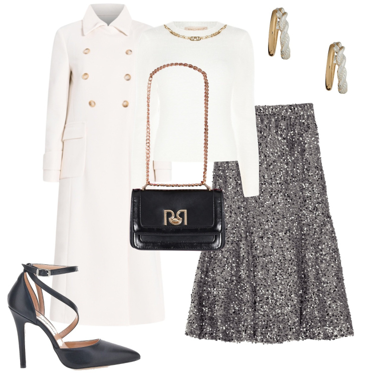Outfit donna - White. Stile Chic per Serata fuori. Abbinamento con cappotti, borse a tracolla, maglieria, gonne longuette, orecchini, décolleté.