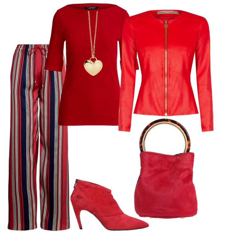 Outfit donna - Il rosso. Stile Chic per Serata fuori. Abbinamento con stivaletti, borse a secchiello, collane, blazer, t-shirt, pantaloni.