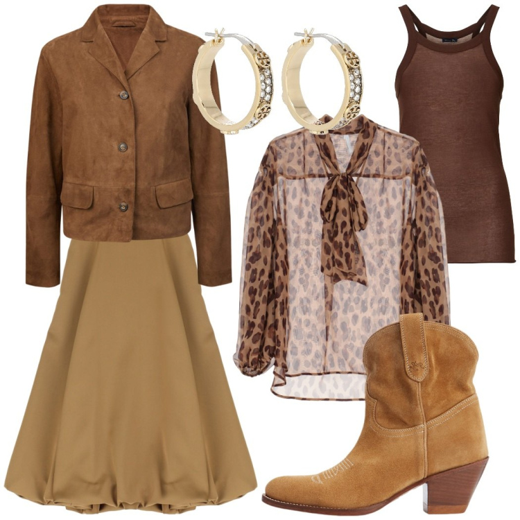 Outfit donna - Sfumature naturali. Stile Boho per Serata fuori. Abbinamento con gonne longuette, camicie, stivaletti, blazer, orecchini, canottiere.