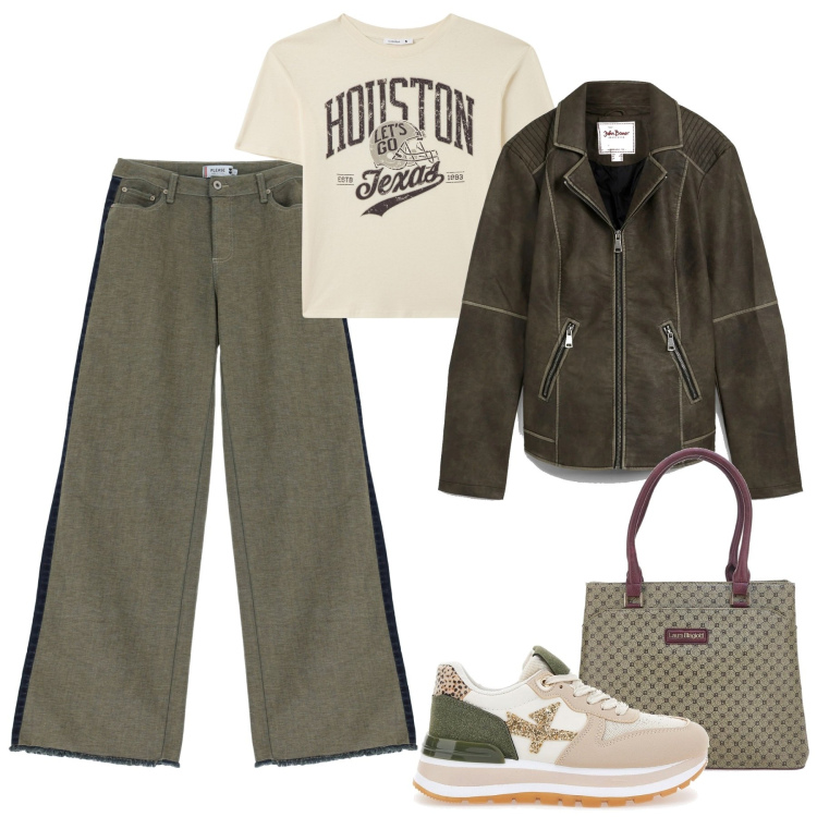 Outfit donna - Febbraio casual. Stile Casual per Tutti i giorni. Abbinamento con blazer, t-shirt, jeans a zampa, sneakers, borse a spalla.