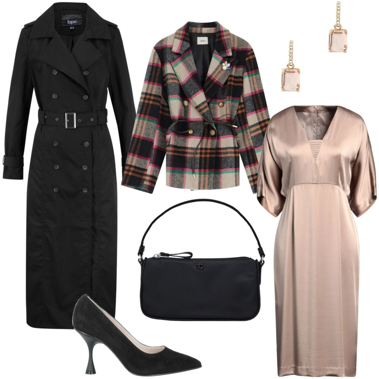 Outfit donna - L\'abito passepartout da mattina a sera. Stile Chic per Serata fuori. Abbinamento con trench, vestiti midi/longuette, décolleté, pochette, orecchini, blazer.