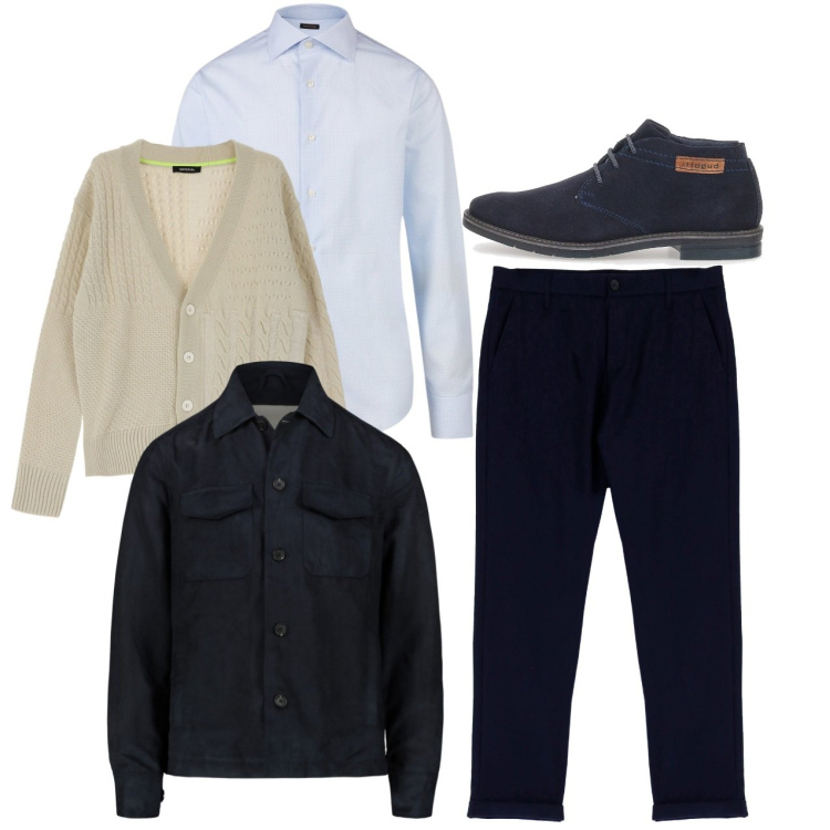 Outfit uomo - Da amici. Stile Casual per Tutti i giorni. Abbinamento con pantaloni, cardigans, scarpe stringate, giacche, camicie.