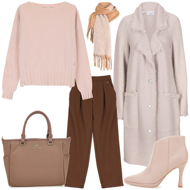 Outfit donna - Mocha Mousse. Stile Trendy per Tutti i giorni. Abbinamento con cardigans, sciarpe, pantaloni, maglieria, stivaletti, borse a tracolla.