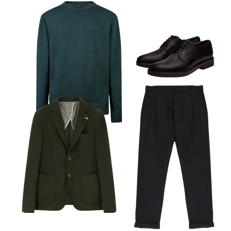 Outfit uomo - Serata. Stile Casual per Serata speciale. Abbinamento con pantaloni, giacche, scarpe stringate, maglieria.