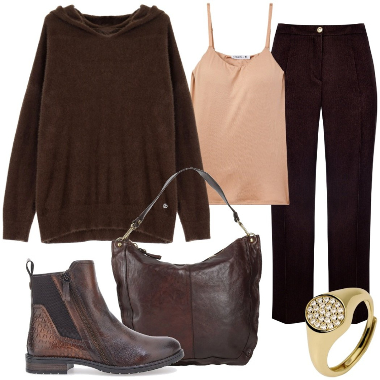 Outfit donna - Cioccolato. Stile Casual per Tutti i giorni. Abbinamento con borse a spalla, anelli, felpe con cappuccio, pantaloni, magliette intime, stivaletti chelsea.