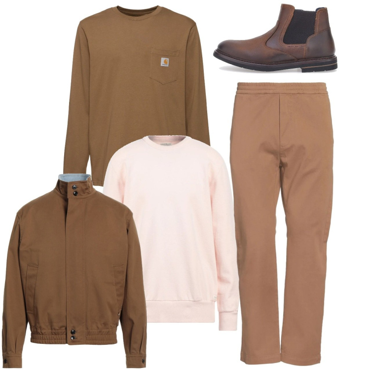 Outfit uomo - Rosa pallido e cammello. Stile Casual per Tutti i giorni. Abbinamento con giacche, felpe con cappuccio, pantaloni, stivali e stivaletti, t-shirt.