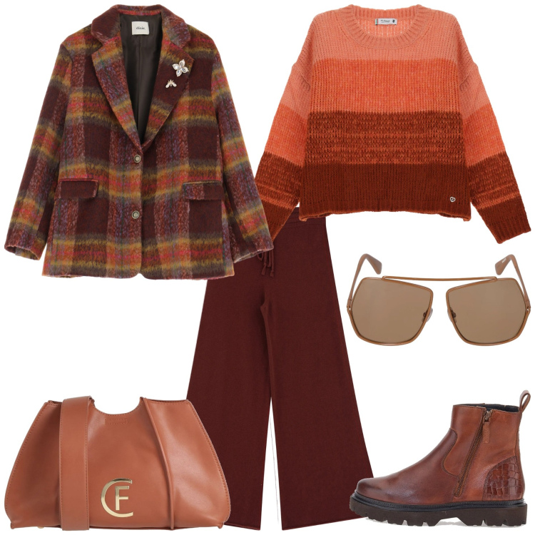 Outfit donna - Allegra. Stile Trendy per Tutti i giorni. Abbinamento con borse a tracolla, pantaloni, maglieria, blazer, stivaletti, occhiali da sole.