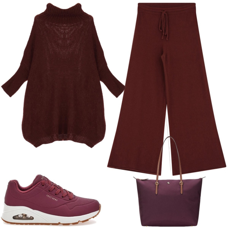 Outfit donna - Borgogna. Stile Casual per Tutti i giorni. Abbinamento con maglieria, pantaloni, borse tote, sneakers.