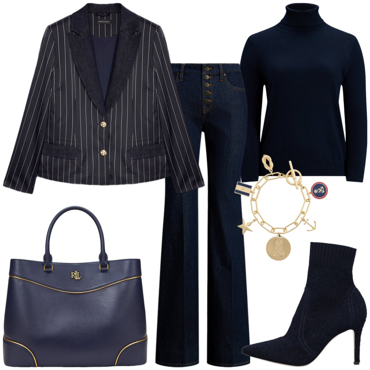 Outfit donna - Ufficio curvy premium. Stile Casual chic per Tutti i giorni. Abbinamento con stivaletti, borse a mano, maglieria, braccialetti con ciondoli, jeans, blazer.